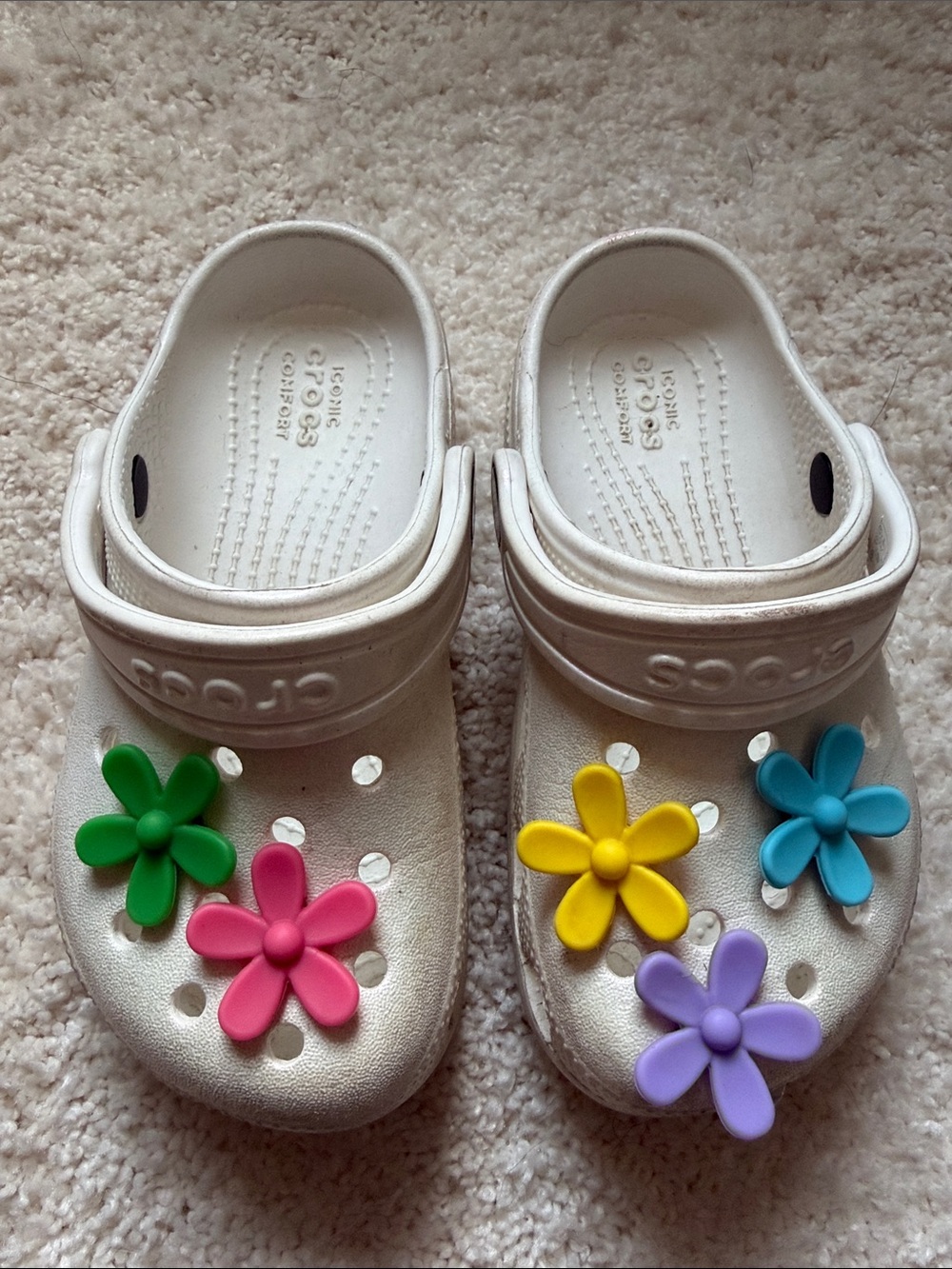 White Crocs-Style Kids Clog with Colorful Flower Charms